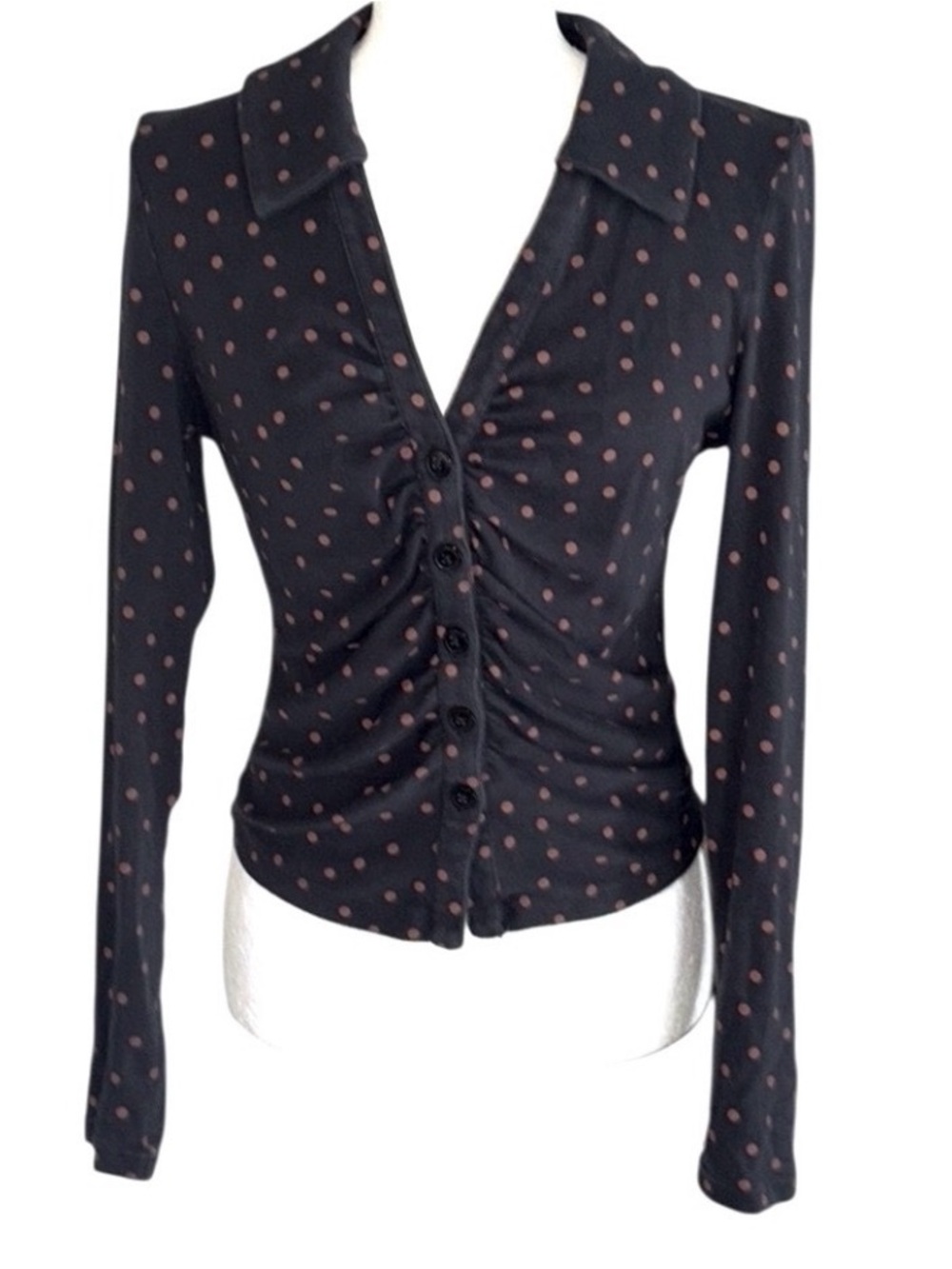 Anthropologie Maeve Navy Blue Brown Polka Dot Print Ruched Collared Crop M - Picture 3 of 5
